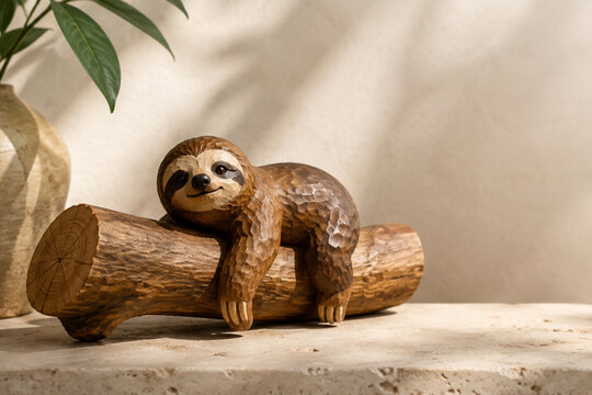 Wooden sloth figurine hanging on tree branch, nature craft concept