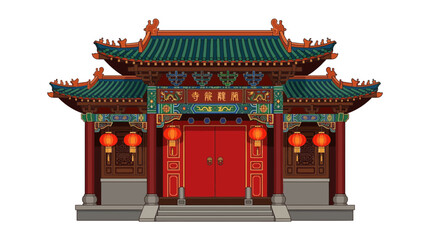 Obraz premium Traditional East Asian temple building illustration with red lanterns and green roof