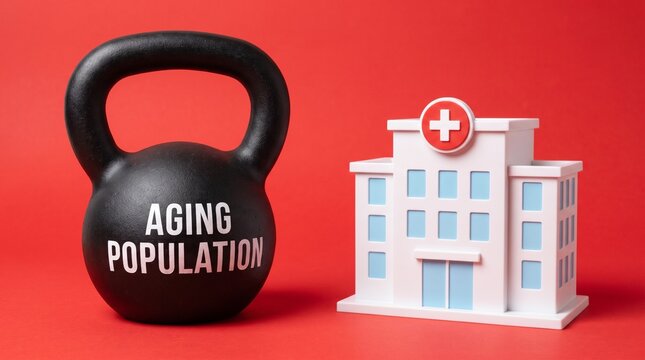 Black kettlebell with aging population text next to a small hospital building on red background with pressure