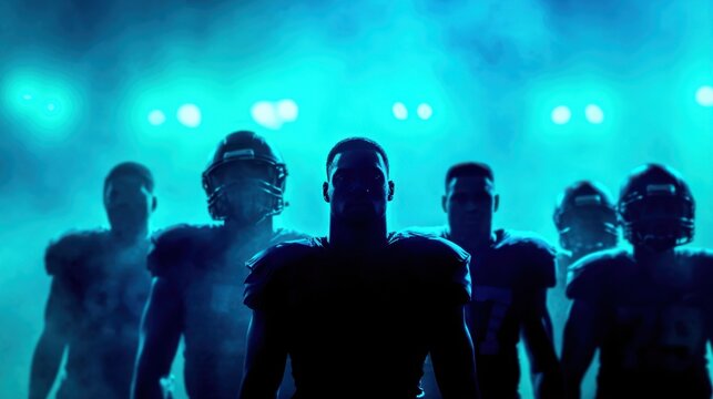 Silhouetted football players emerge from a misty background under bright blue lights