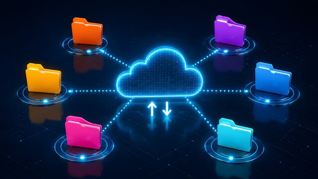 Cloud computing technology network concept with glowing cloud icon and colorful digital folders connected by data transfer lines