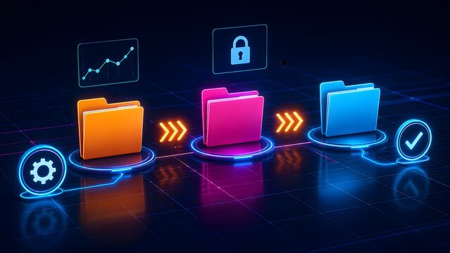 Digital file transfer process concept with glowing colorful folders moving along data pathway with security and analytics dashboard icons