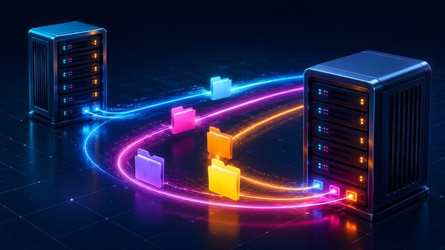 Server data center data transfer concept with glowing light trails carrying colorful digital folders between network storage hardware