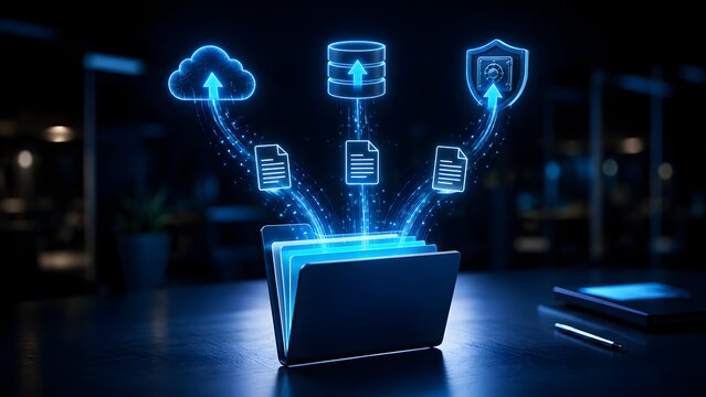 Cloud computing data migration concept with glowing folder transferring digital documents to secure server storage and network database