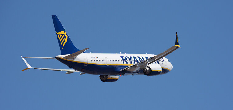 Tenerife, Spain august 29st, 2026. Boeing 737-MAX 8-200 Ryanair airlines, flies in the blue sky. Takeoff at Tenerife Airport. Retracting the landing gear