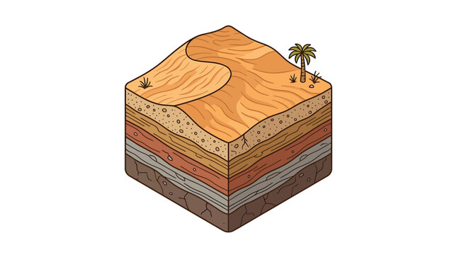 Cross-section of desert landscape with sand dunes and palm tree