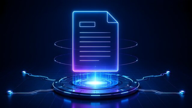 Digital document concept featuring glowing electronic paper icon on futuristic platform representing paperless office and virtual data management