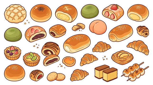 手書き風のかわいい日本のパンと洋菓子イラストセット 商業用メニューやパッケージデザイン向けベクター