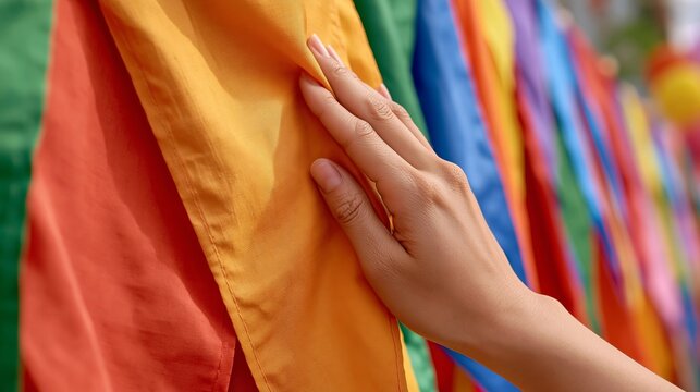 Hand gently touching vibrant orange fabric of colorful prayer flags fluttering in the breeze outdoors.