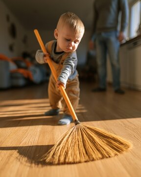 Toddler Sweeping Wooden Floor With Straw Broom