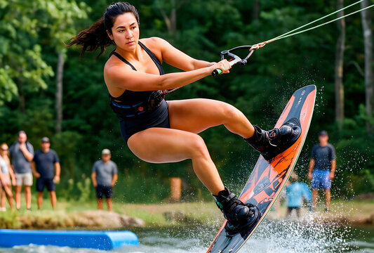 Extreme sports and active lifestyle, woman wakeboarding on lake with focus and determination during summer outdoor recreation and water sports competition