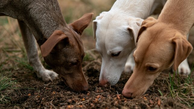 Three Curious Dogs Sniffing and Exploring the Ground Together Outdoors