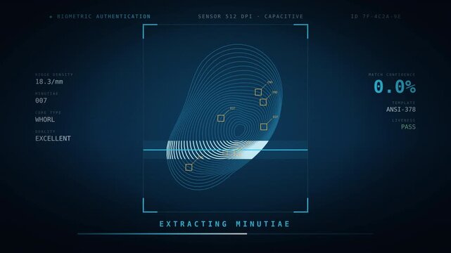 Futuristic Biometric Authentication HUD Interface Extracting Minutiae Points on Fingerprint Scan. Cyber Security Identification System Displaying Match Confidence and Liveness Check Data.