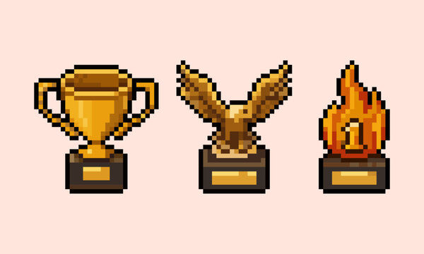 pixel art of golden trophy cup, eagle award statue, and flaming flame number one trophy, perfect for RPG game UI, retro video game assets