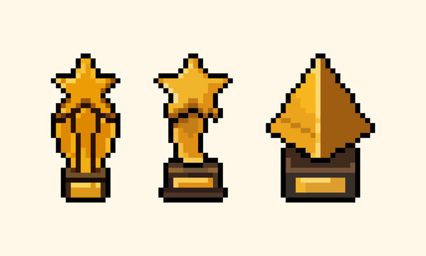 pixel art of golden star trophies and pyramid award set, perfect for RPG game UI, retro video game assets, achievement badges, and indie game development