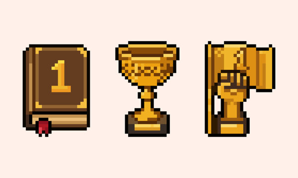 pixel art of game awards set with number one book, golden chalice cup, and holding flag fist trophy, perfect for RPG game UI