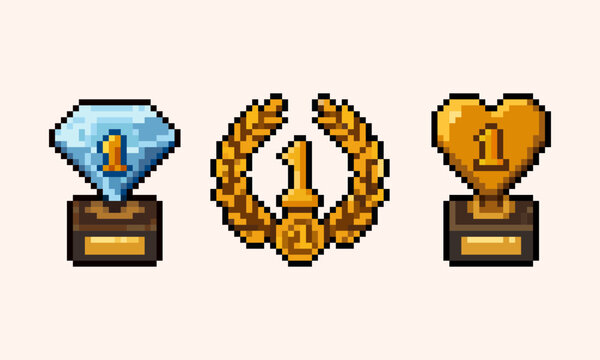 pixel art of game awards set with blue diamond number one trophy, golden laurel wreath badge, and golden heart award, perfect for RPG game UI