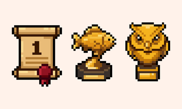 pixel art of achievement trophy icons including scroll certificate, golden fish award, and owl statue, perfect for RPG game UI.