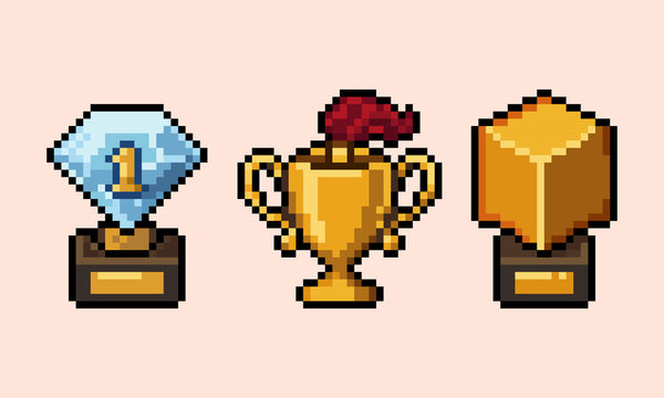Pixel art of game awards and trophy icons set for RPG user interface design, perfect for game development, achievement screens, and app monetization.