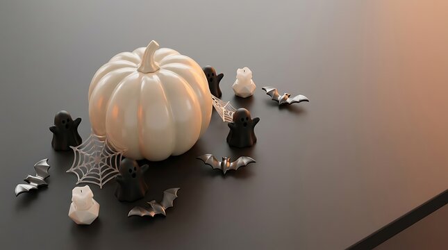 A festive 3D rendered Halloween composition featuring a large white pumpkin surrounded by cute black ghost figurines, small bats, spider webs,