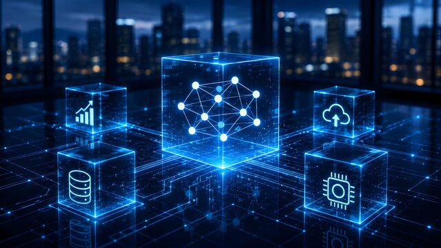 Glowing digital network cube with data nodes and cloud computing icons on grid surface symbolizing global internet infrastructure