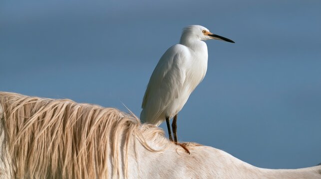 Side view of a white snowy egret bird perching on the mane and back of a white horse against a clear blue background, showing animal symbiosis in nature