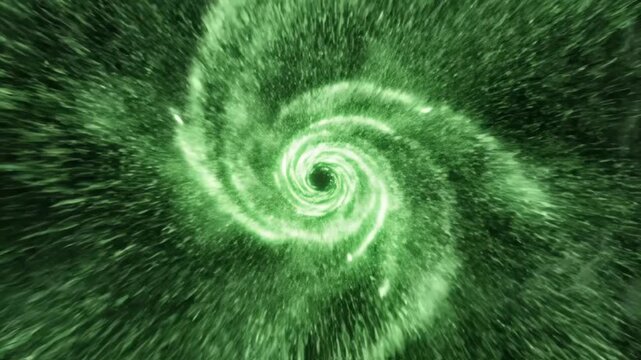 Green star sparkles bokeh portal spinning in a mystical dark forest
