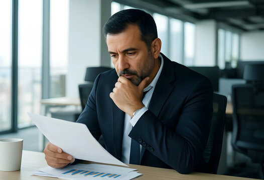 Business strategy and financial analysis, serious executive reviewing corporate performance reports and market data in a modern office workspace