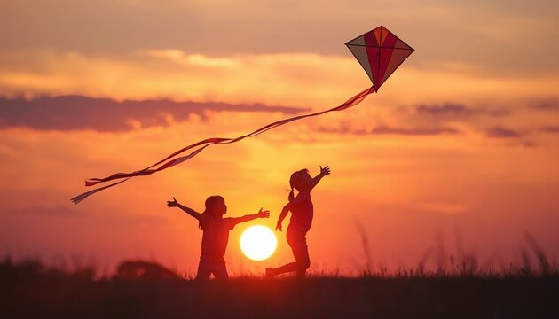 kids launch kite on nature at sunset