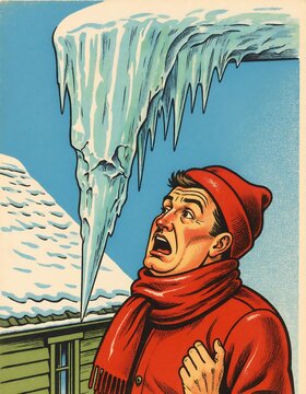 A man in a red coat and hat looks up in terror at a massive dangerous icicle hanging from a rooftop
