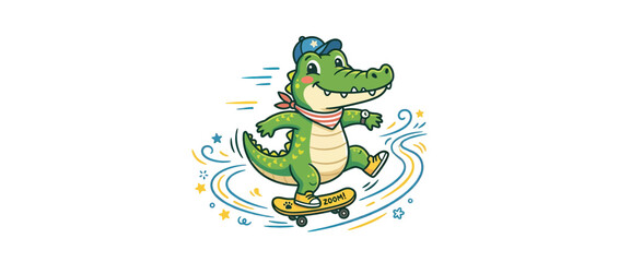 Fototapeta premium Cartoon alligator riding a skateboard, isolated on transparent background
