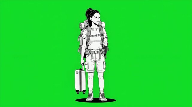 Young female traveler with backpack and suitcase standing on green screen background, ready for adventure.