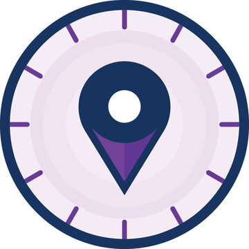 A blue and purple map pin icon placed inside a circular navigation dial on white background.