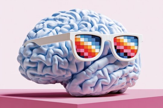 Stylized blue brain wearing pixelated sunglasses on pink background representing creativity and digital thinking