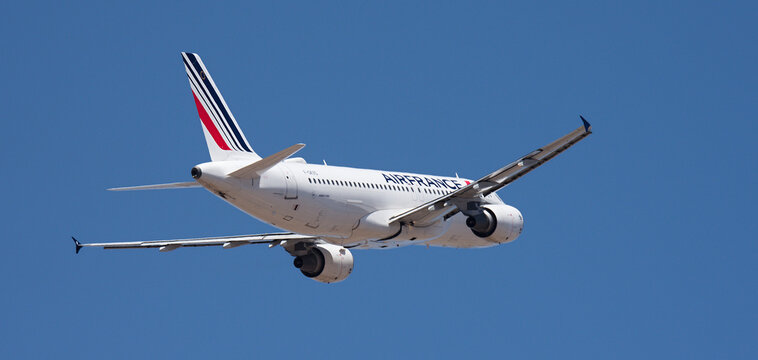 Tenerife, Spain august 29st, 2026. Airbus A320-214 Air France airlines, flies in the blue sky. Takeoff at Tenerife Airport. Retracting the landing gear