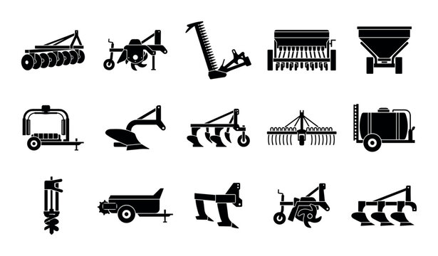 Tractor implements vector icons with disc harrow, rotary tiller and seed drill for infographic design in solid glyph style