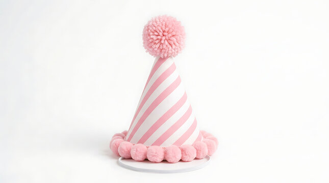 Pink and white striped party hat with pom poms birthday