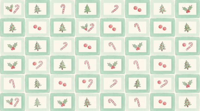 Christmas Holly and Candy Cane Seamless Grid Pattern, Sage Green Framed Watercolor Illustration for Gift Wrapping and Scrapbooking
