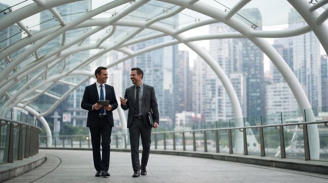 Two businessmen talk and walk together on a modern city bridge
