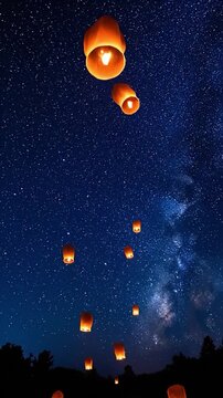 Orange paper lanterns illuminated by fire floating in dark night sky full of stars during traditional festival celebration, for vertical social media reels stories