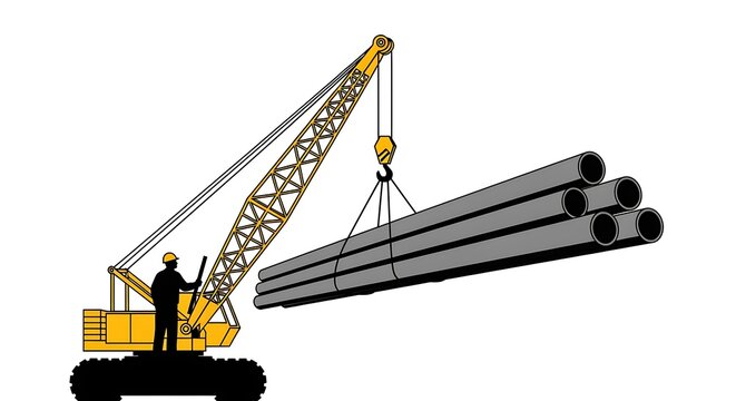 Heavy Lifting Construction Crane with Operator Moving Industrial Pipes