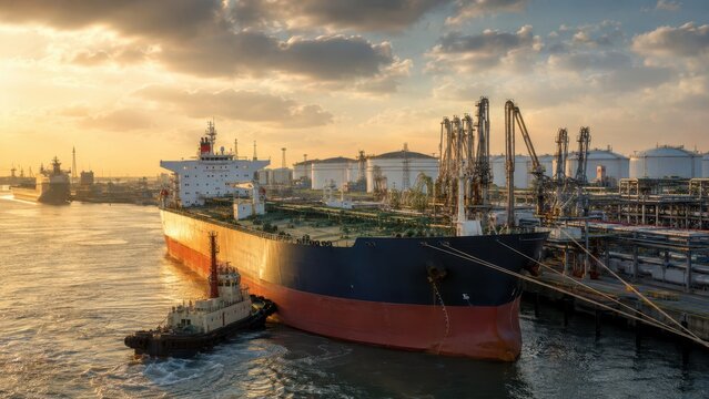 Oil Tanker Ship at Industrial Port Terminal with Storage Tanks and Loading Cranes at Sunset