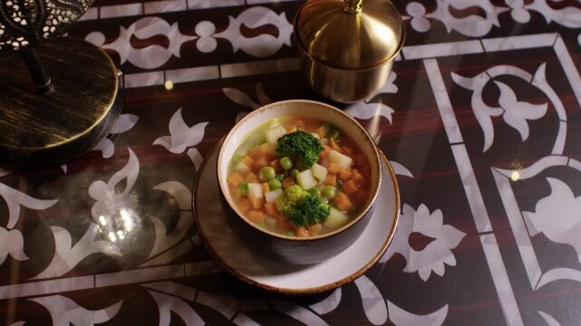 Traditional Turkish vegetable soup served in an ornate bowl with brass tableware