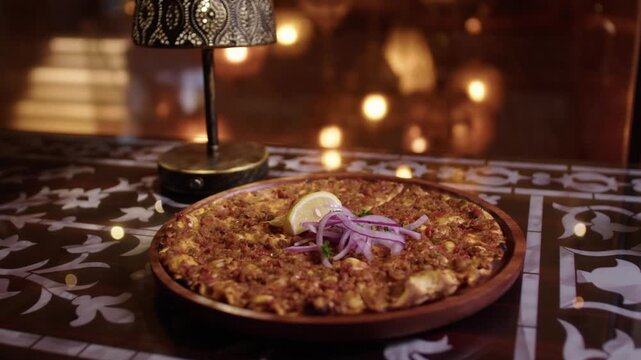 Delicious traditional Turkish lahmacun served in a cozy, ambient restaurant setting