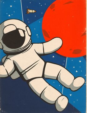 Retro illustration of an astronaut in a spacesuit floating in outer space with a red planet and stars