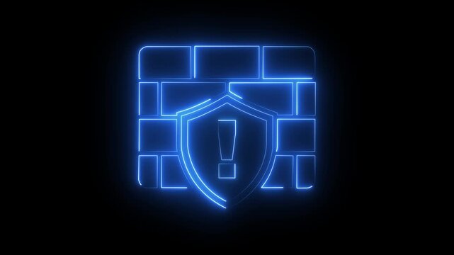 Neon firewall shield with exclamation mark for cybersecurity and network protection network security