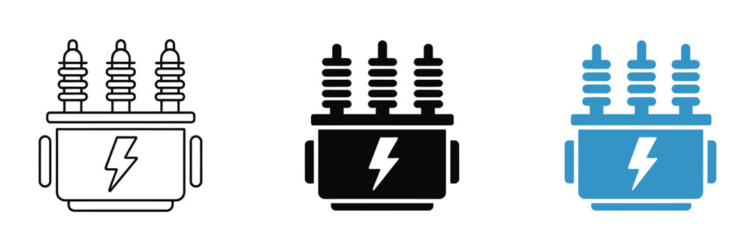 Electric transformer, vector icon set featuring electrical power substations, electricity grid symbols, industrial power distribution, energy control systems, smart grid technology, and design.