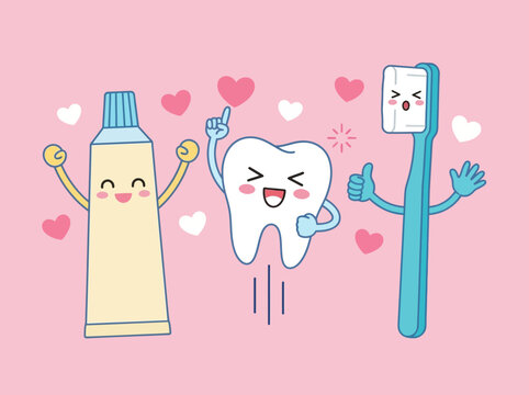 Cute Cartoon Tooth, Toothpaste and Toothbrush Characters for Kids Dental Care