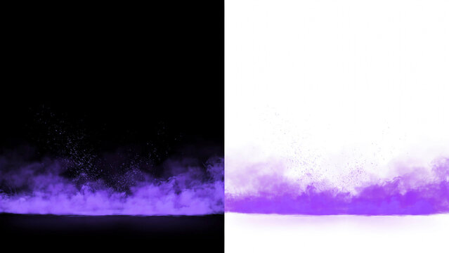 Purple smoke cloud rising from the bottom edge on both black and white backgrounds split