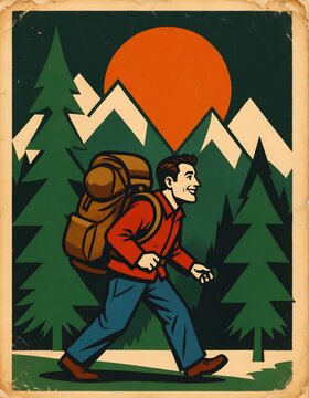 Mid century adventure poster depicting a happy man hiking through a pine forest with mountains and sun behind